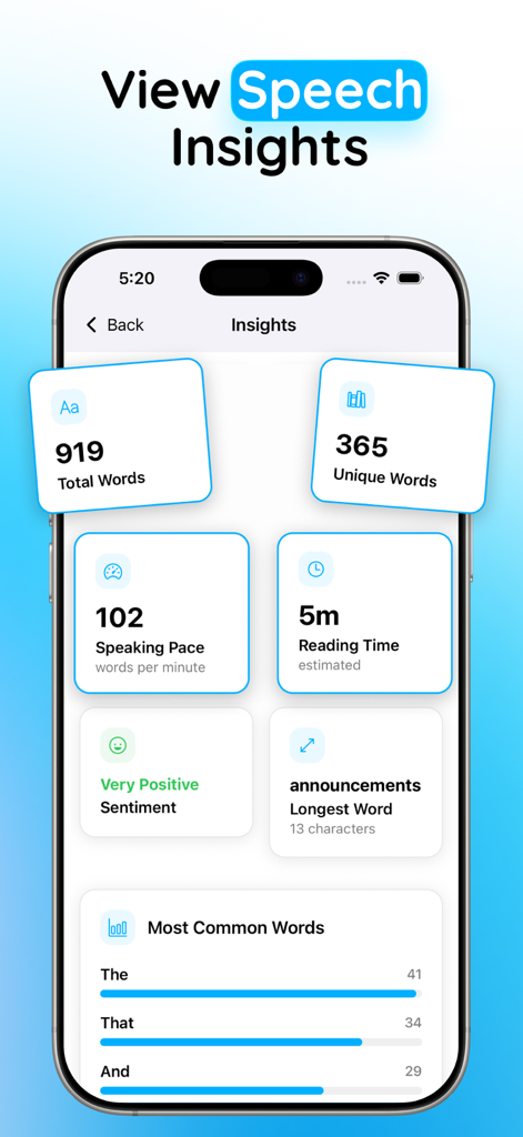 Voice Notes‎ - Voice Notes app dashboard displaying speech insights including word count speaking pace and sentiment analysis