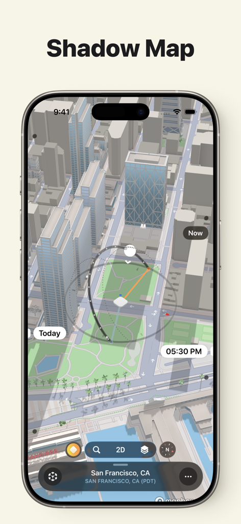 A 3D city map showing real time building shadows and the sun path in the Sunlitt app