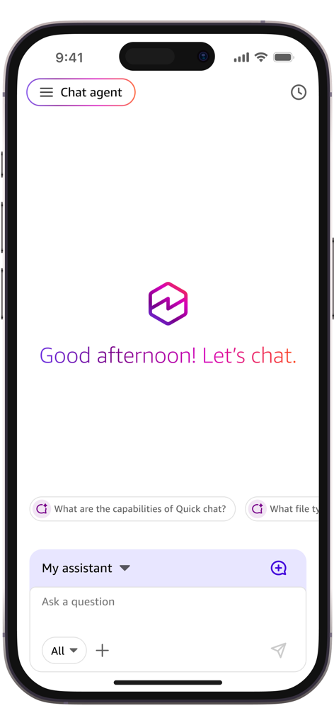 Amazon Quick Suite - Amazon Quick Suite AI chat interface showing a welcome message and question input box