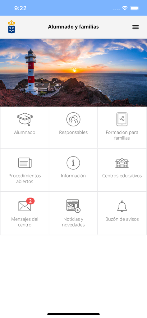 Pincel Alumnado y Familias - Menú principal de la aplicación móvil Pincel Alumnado y Familias mostrando una cuadrícula de servicios educativos para alumnos y padres