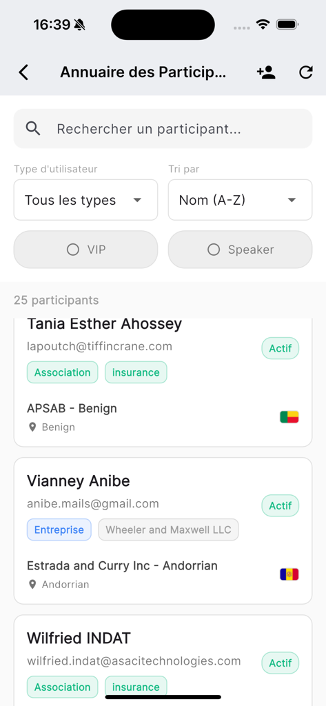 Interface of the FANAF 2026 Networking app showing the attendee directory with search and filter options