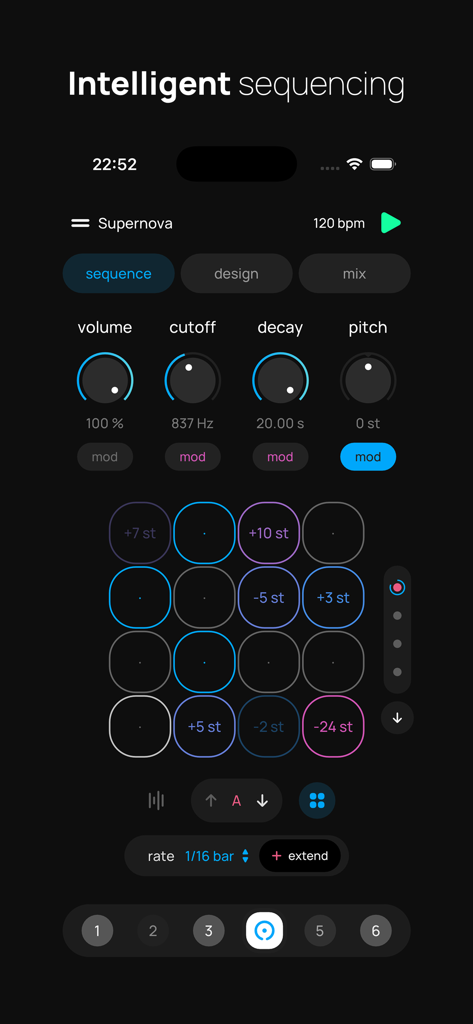 Polaris - Pocket Music Maker - Pantalla de la app Polaris que muestra la rejilla de secuenciación inteligente y controles de modulación de audio.