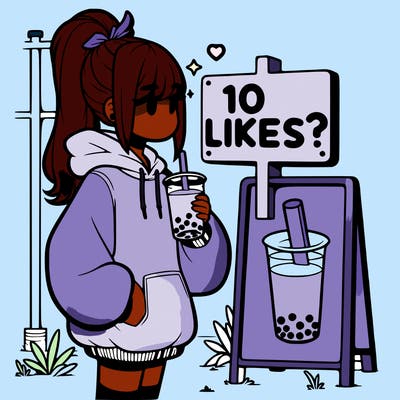 girl with oversized hoodie drinking boba and she has a high ponytail with a sign that says 10likes?