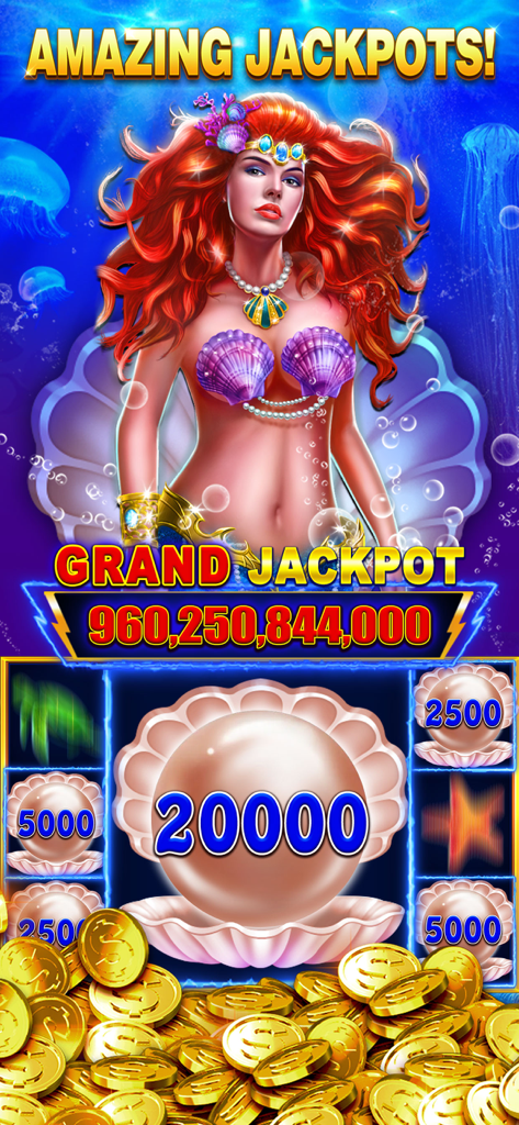 Slots Riches - Casino Slots - A red haired mermaid character in the Pearl Riches slot machine game with a grand jackpot display and gold coins