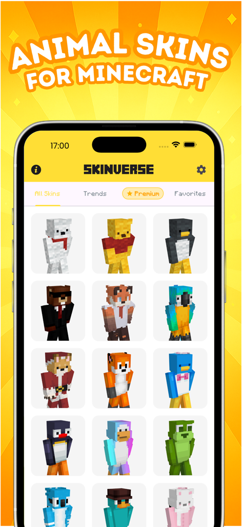 SkinVerse: Skins for Minecraft - A mobile app interface showing a gallery of diverse animal-themed Minecraft skins including polar bears, penguins, and foxes.