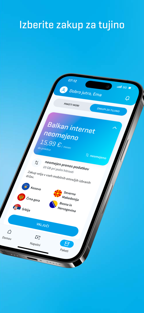 Mobile interface of Moj Mobi app showing an unlimited Balkan internet bundle for international roaming