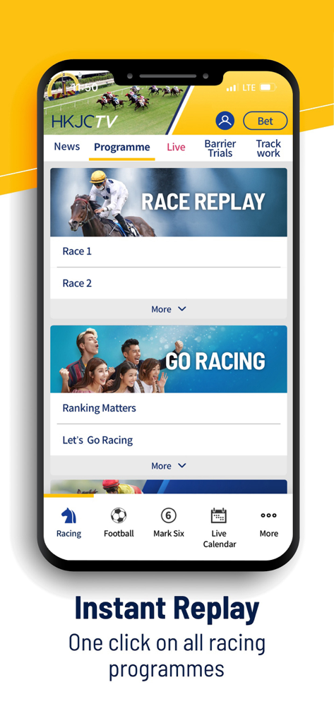 HKJC TV mobile app interface showing the race replay and programme selection screen.