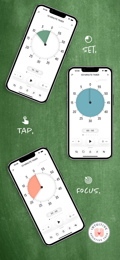 Três iPhones mostrando temporizadores visuais coloridos com discos que desaparecem para foco e gestão do tempo.