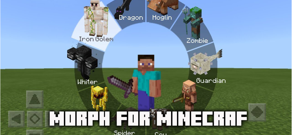 MCPE ADDONS - Morph Mods - Un personaggio di Minecraft circondato da un menu di selezione radiale per trasformarsi in diversi mob come l'Iron Golem e il Drago