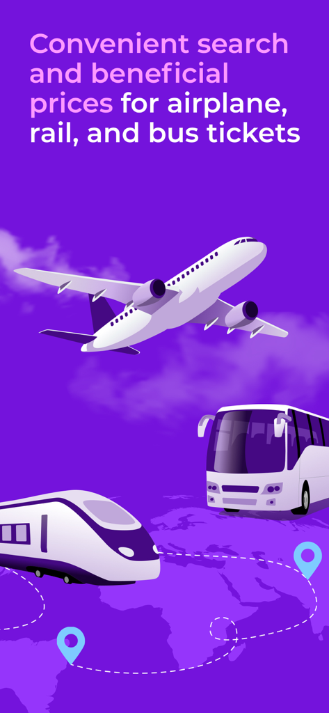 Tickets.ua - Pantalla de la aplicación Tickets.ua que muestra avión, tren y autobús para reservar viajes