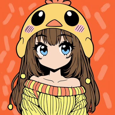anime girl with chick shaped hat with sweater with bare shoulders with bangs covering them one eye with low tail
