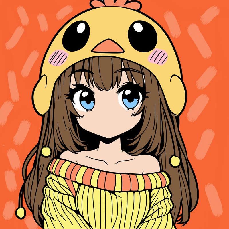 anime girl with chick shaped hat with sweater with bare shoulders with bangs covering them one eye with low tail