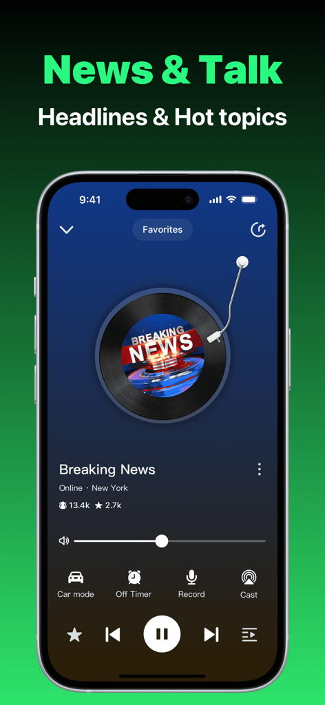 Application Radio FM diffusant une station d'actualités de dernière minute avec les options Mode Voiture et enregistrement