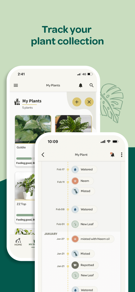 Plant with Willow - Plant with Willow app interface showing plant collection list and care activity timeline