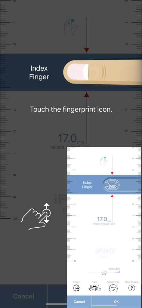iFING Scanner - Interface of the iFING Scanner app showing a finger measurement against a digital ruler for ISO standard biometric capture.