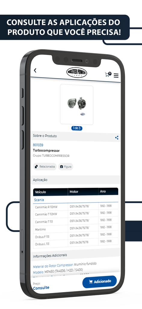 Master Power - Catálogo - Tela móvel do aplicativo Master Power exibindo detalhes do turbocompressor e aplicações em veículos Scania