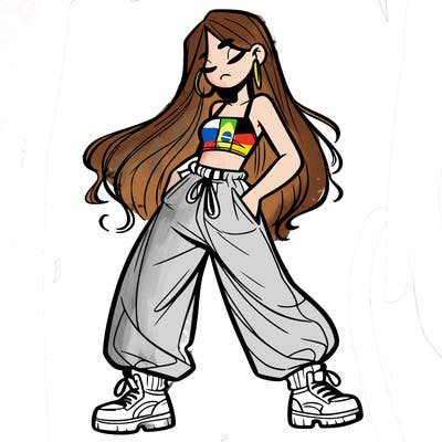 girl in baggy pants crop top and long hair