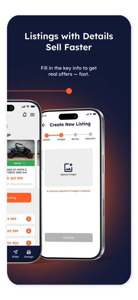 UB Leisure: Bikes Boats SxS - UB Leisure app interface showing the steps to create a new powersports vehicle listing and upload images