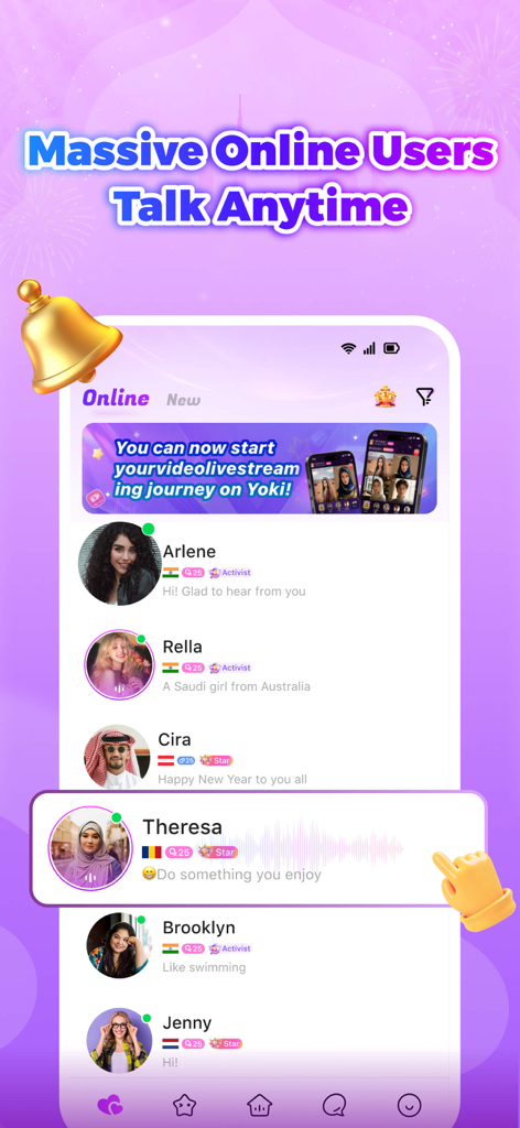 Yoki 음성 및 화상 파티 앱의 온라인 사용자 화면을 보여주는 스마트폰 화면