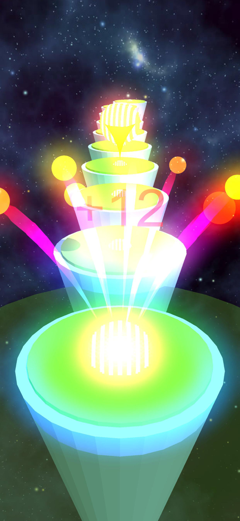 Jump Ball - Hop Stack Color 3D - A 3D glowing ball bouncing on colorful neon stack platforms in a starry space background with a plus twelve score indicator