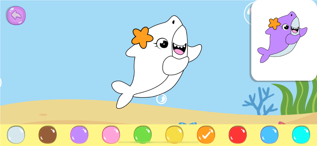 Coloring Games for Kids, Baby. - A coloring game interface showing a cartoon shark and a colorful palette