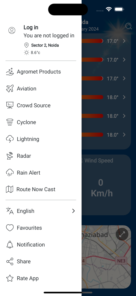 Mausam - Menú lateral de la aplicación meteorológica Mausam que muestra opciones para radar de ciclones y alertas de lluvia
