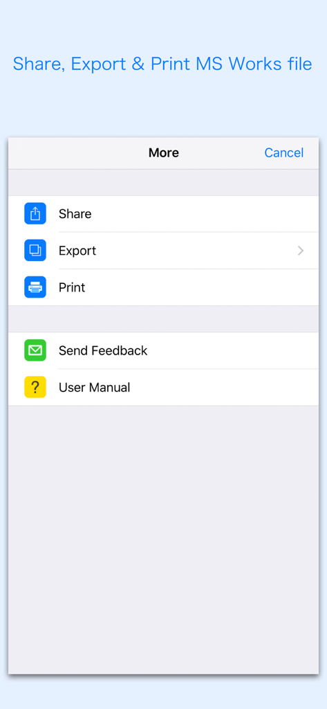 Screenshot of the WPS Reader app menu showing options to share export and print Microsoft Works files