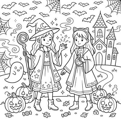 Step into a world of magic and mischief with this captivating Halloween coloring page! Join two enchanting figures, a wise witch and a mysterious potion maker, as they celebrate the spookiest night of the year amidst classic Halloween delights.