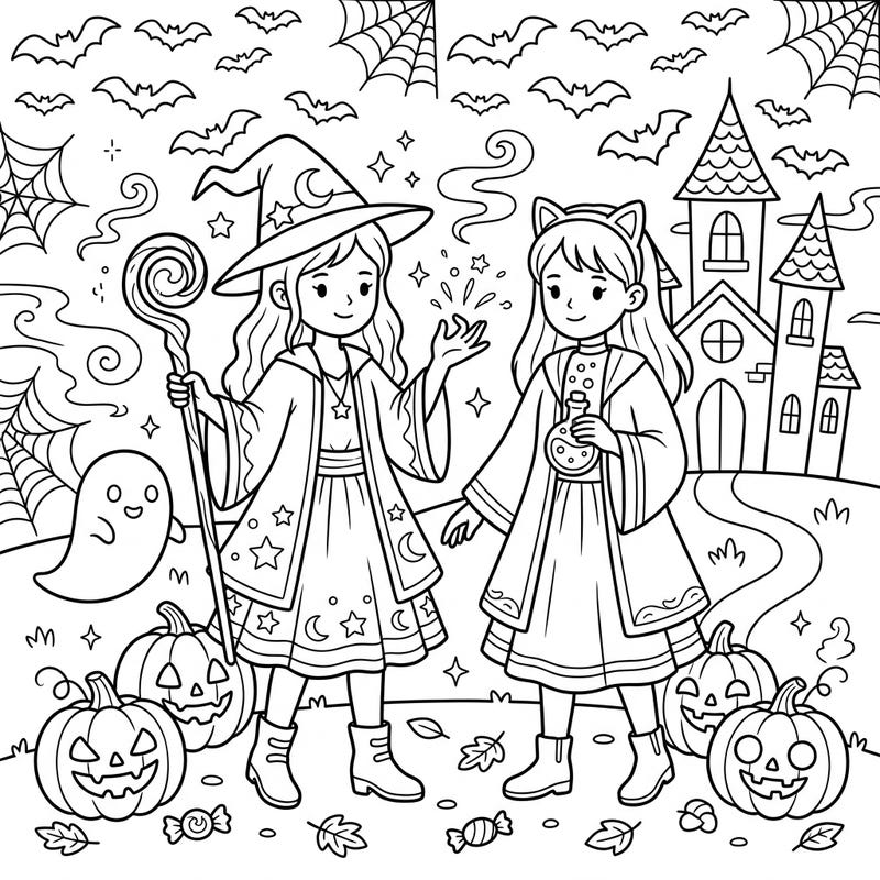 Step into a world of magic and mischief with this captivating Halloween coloring page! Join two enchanting figures, a wise witch and a mysterious potion maker, as they celebrate the spookiest night of the year amidst classic Halloween delights.