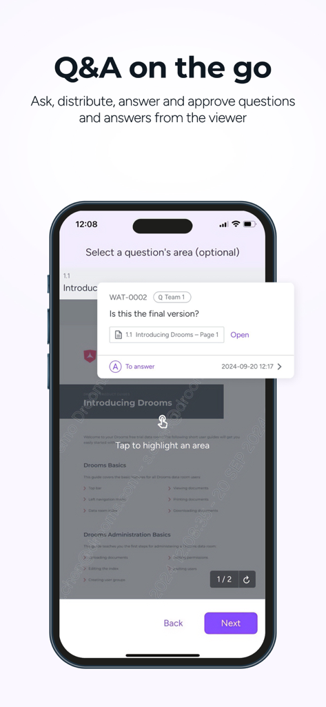 Drooms - Interface de l'application Drooms montrant la fonction Q&R pour la collaboration et la révision de documents professionnels.