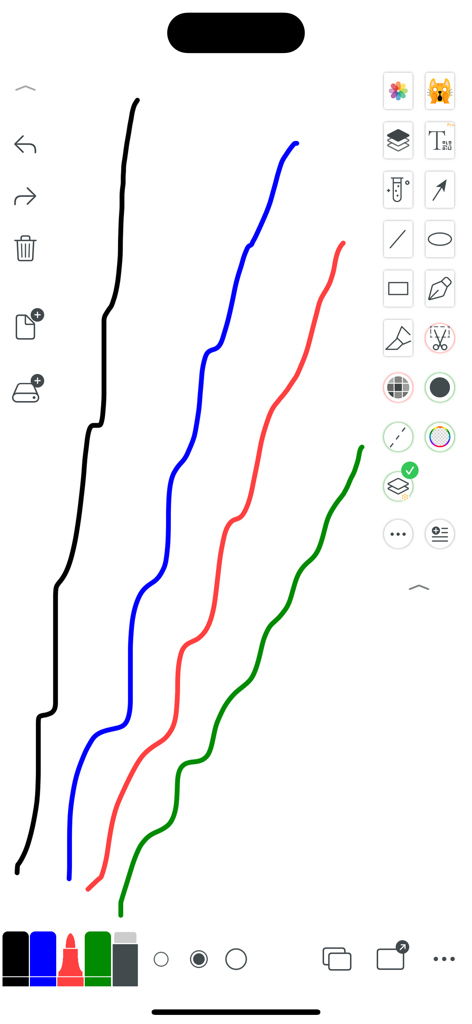 Digital whiteboard interface showing colorful hand drawn lines and minimalist drawing tools