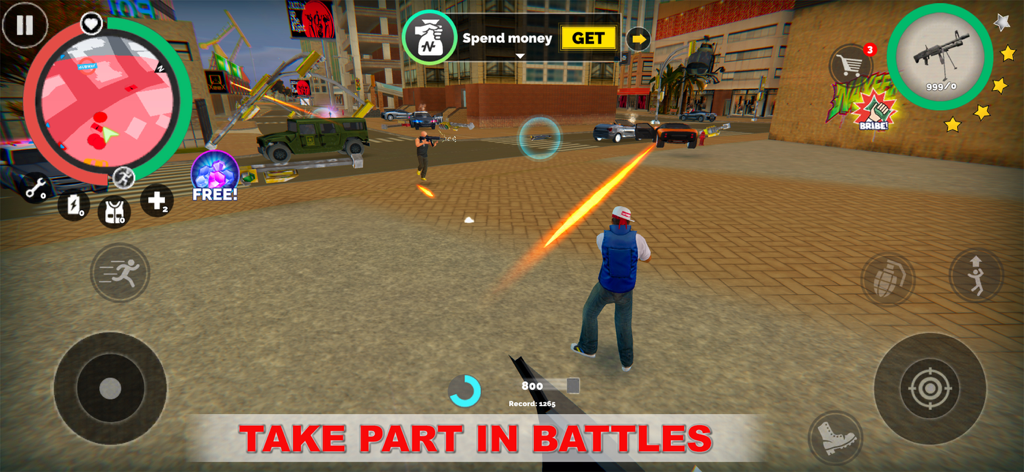 Un personaje en tercera persona disparando un arma en una batalla callejera de la ciudad dentro de Vegas Crime Simulator.