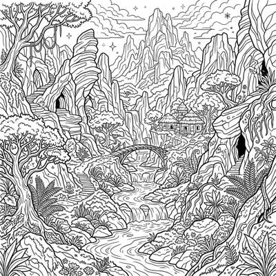 Escape into a world of natural wonder with this intricate hidden valley coloring page. Discover a serene landscape filled with lush trees, flowing waterfalls, and mysterious paths waiting for your creative touch.