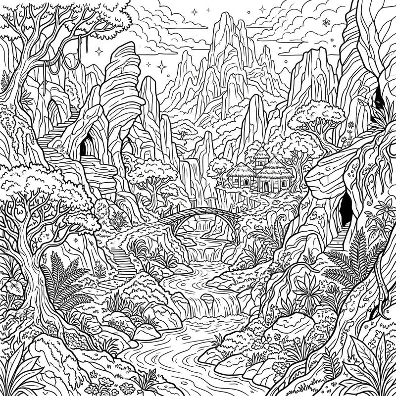 Escape into a world of natural wonder with this intricate hidden valley coloring page. Discover a serene landscape filled with lush trees, flowing waterfalls, and mysterious paths waiting for your creative touch.