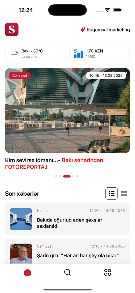Sfera.az - Sfera.az news app home screen showing Baku weather and headlines