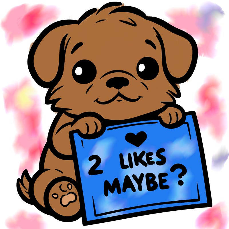 a puppy holding a sign that says 2 likes maybe?