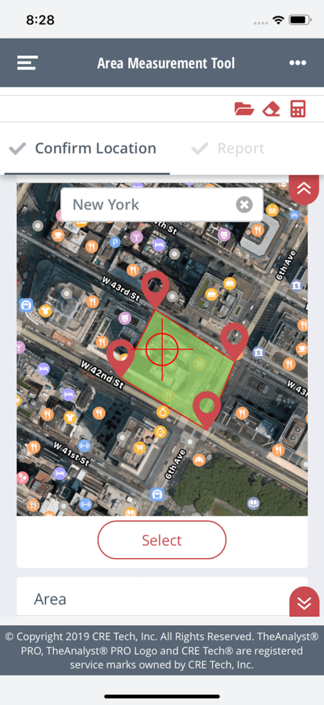 TheAnalyst® PRO - TheAnalyst PRO app interface displaying the area measurement tool with a property parcel highlighted on a map of New York City