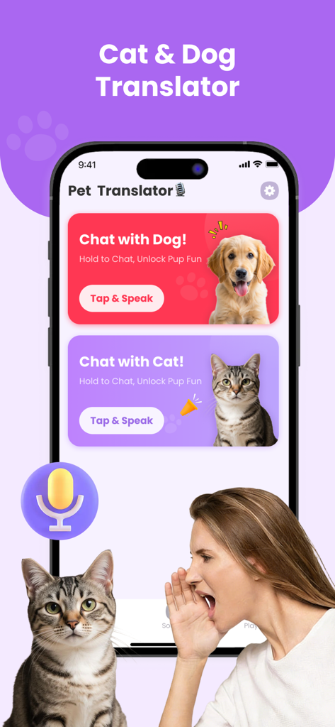 Pet Talk Translator - Interface of the Pet Talk Translator app showing dog and cat chat features