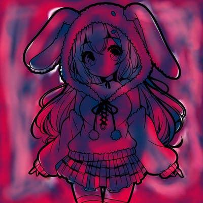 pretty anime girl wearing a fluffy hoodie with bunny ears on the hood and a skirt