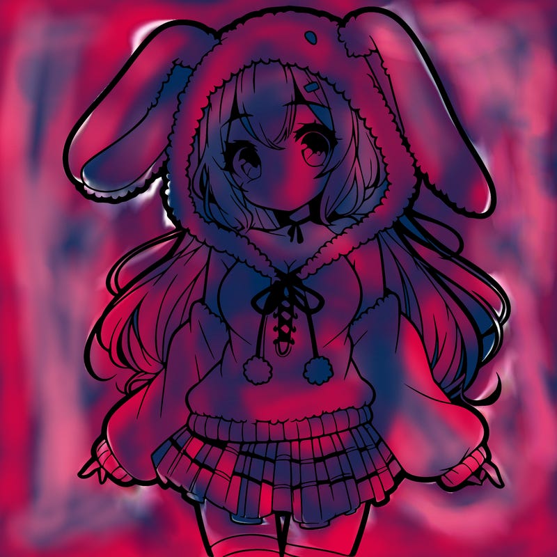 pretty anime girl wearing a fluffy hoodie with bunny ears on the hood and a skirt