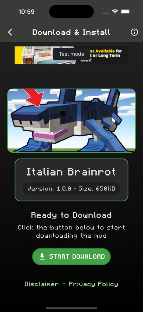 A tela de download para o mod Italian Brainrot Minecraft apresentando um personagem tubarão azul bloco e um botão Iniciar Download.