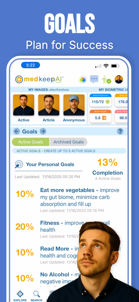 medkeepAI - medkeepAI app interface showing a list of personal health goals with progress percentages and biometric data