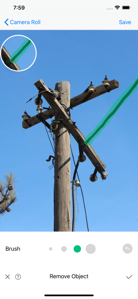 Interface of Object Removal Pro app showing a green brush tool selecting part of a utility pole for removal