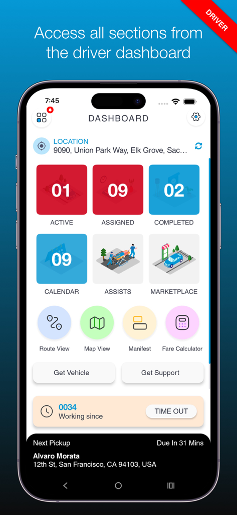NEMT Max - Driver dashboard of the NEMT Max app showing trip counts, navigation tools, and pickup details.