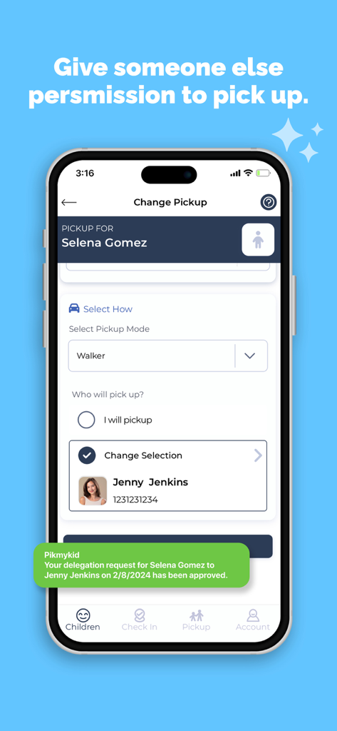 Pikmykid Parent - Interface of the Pikmykid Parent app showing how to delegate school pickup permission to another person