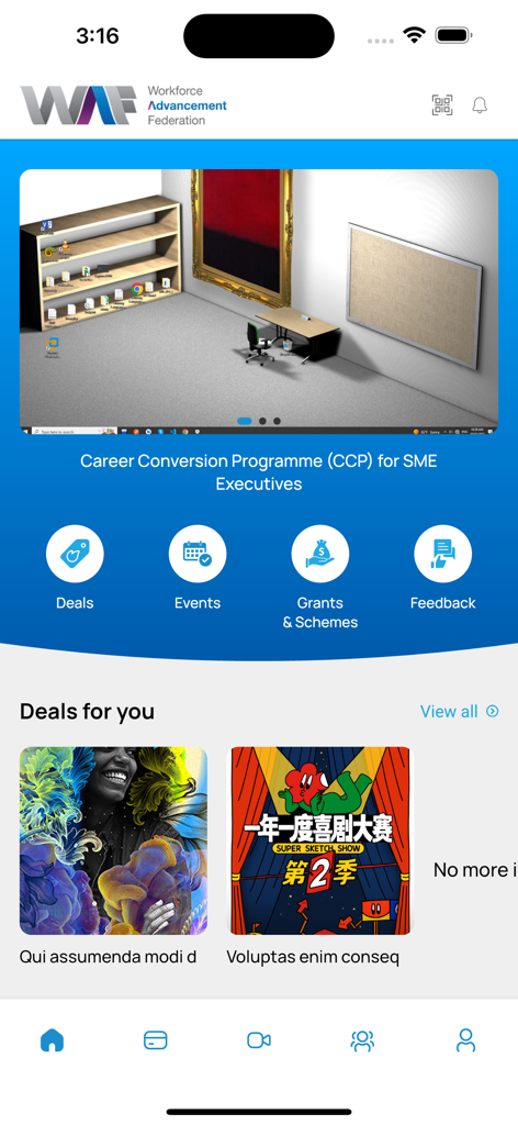 WAF App - The home screen of the WAF App displaying sections for business deals, events, and grant schemes.