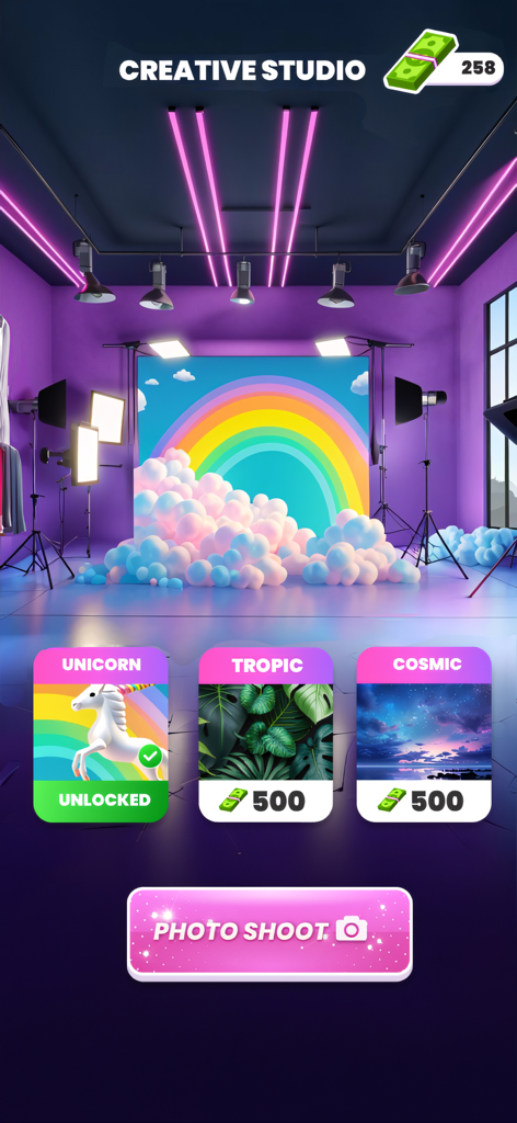 Makeover Star 3D: Beauty Games - Una interfaz de estudio creativo en Makeover Star 3D que muestra un fondo de arcoíris y diferentes opciones de temas para una sesión de fotos.