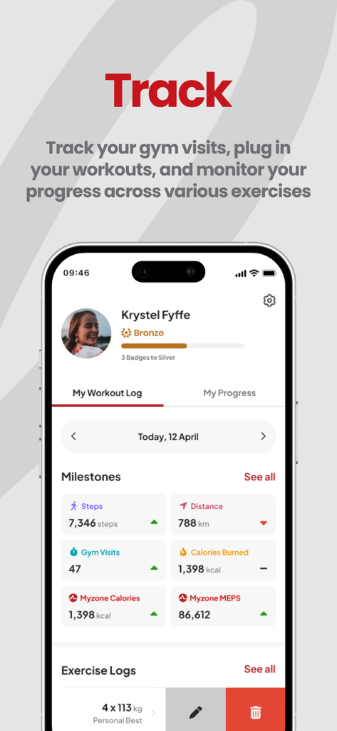 Snap Fitness - Snap Fitness app interface showing workout logs and fitness milestones including steps and calories burned