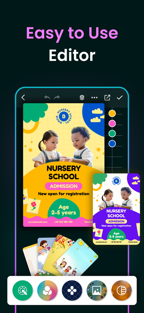 Easy to use flyer editor interface showing a nursery school admission poster design