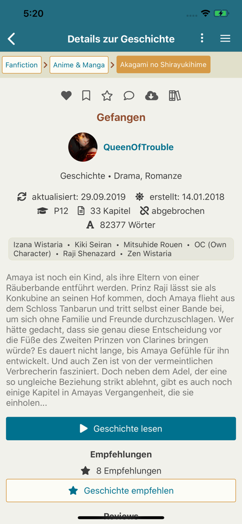 Story-Detailansicht in der FanFiktion.de-App mit Zusammenfassung und Autoreninformationen